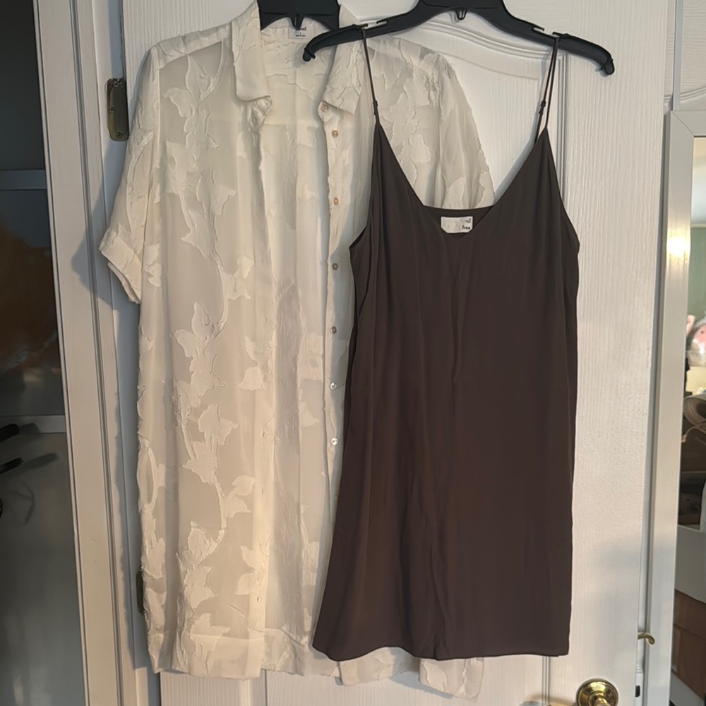 Sheer White Floral Shirt and Brown Slip Dress